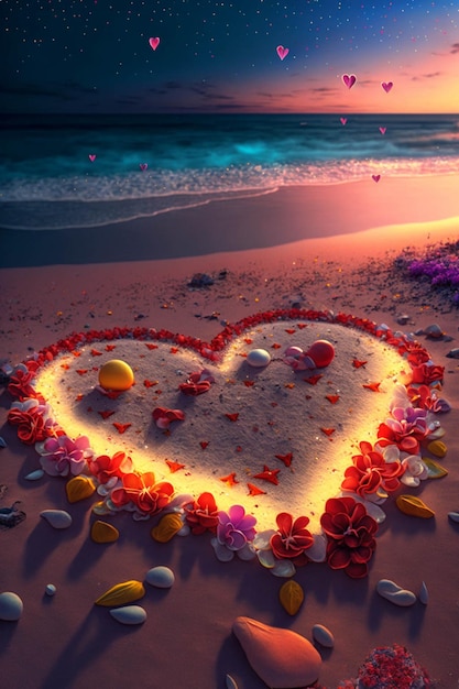 Heart made out of flowers on a beach generative ai