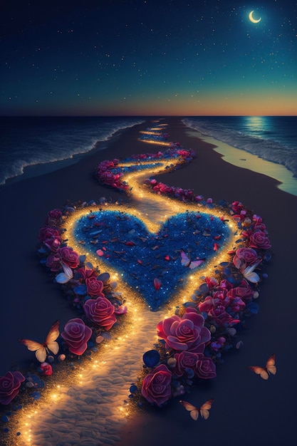 Heart made out of flowers on a beach