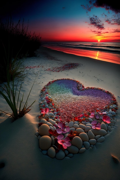 Heart made out of pebbles on a beach at sunset generative ai