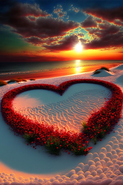 Heart made out of red flowers on a sandy beach generative ai