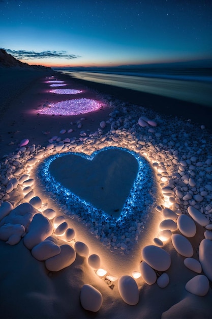 Heart made out of rocks on a beach at night generative ai