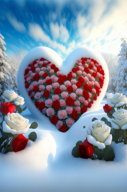 Heart made out of roses in the snow Generative Ai