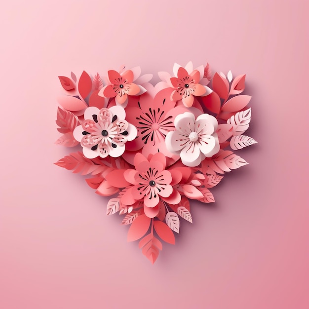 A heart made of paper flowers on a pink background generative ai image