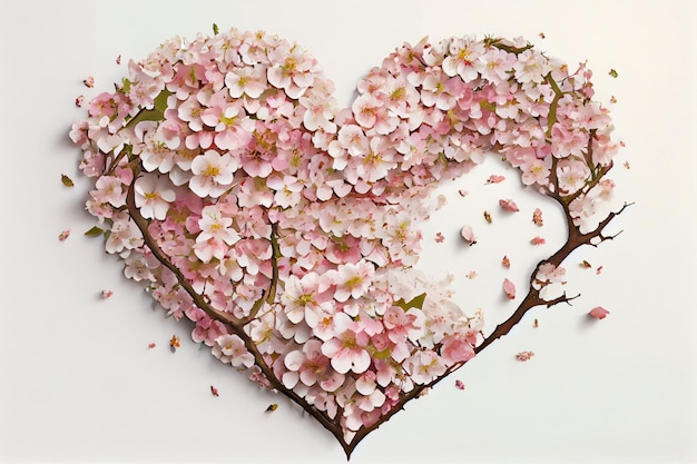 A heart made of pink flowers is surrounded by petals