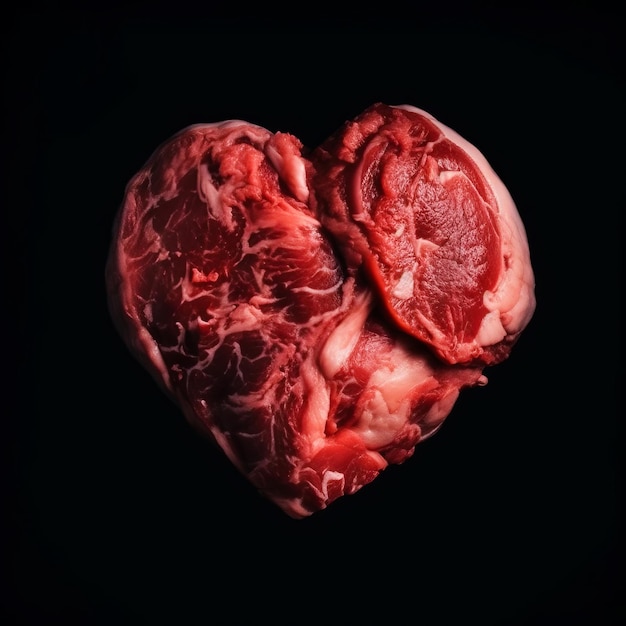 Heart made of raw meat isolated on black background