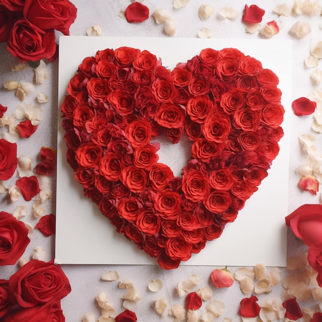 A heart made of red roses is surrounded by a white square with a white square frame.