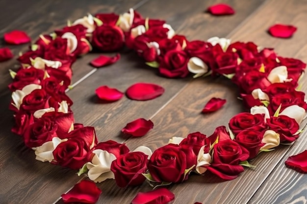 A heart made of red roses on a wooden table