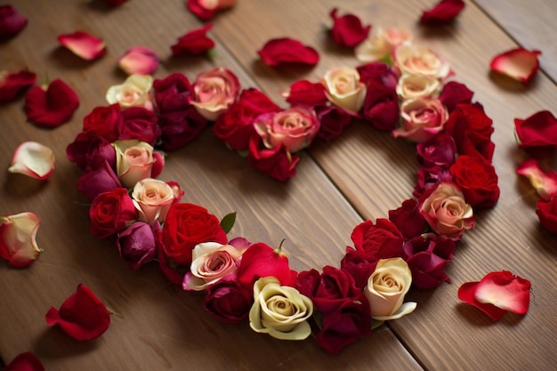 A heart made of roses on a wooden table