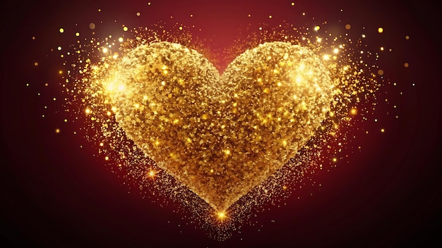 Photo a heart made of shimmering gold particles set against a rich deep red backdrop