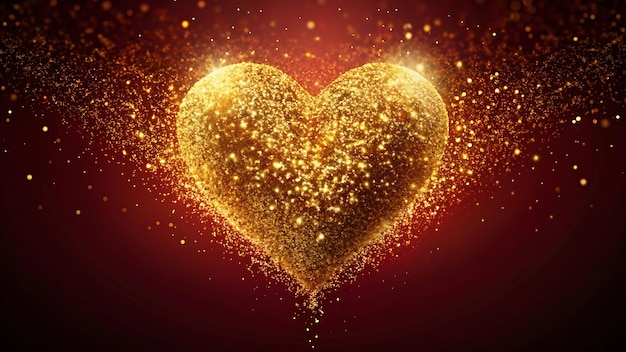 A heart made of shimmering gold particles set against a rich deep red backdrop