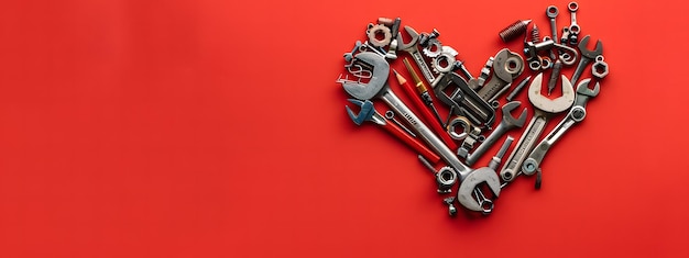 Heart made of tools on red background