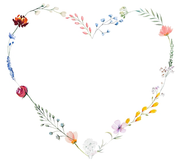 Heart made with watercolor summer wild flowers and leaves Colorful wedding illustration