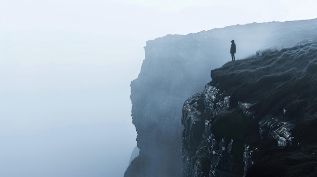 In the heart of the misty moors a ghostly figure stands at the edge of a cliff their form obscured