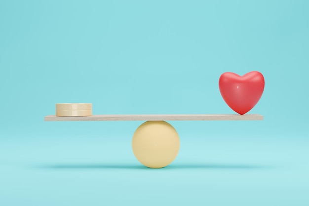 Photo heart and money scales concept importance between gold coin and love balance on scale 3d rendering