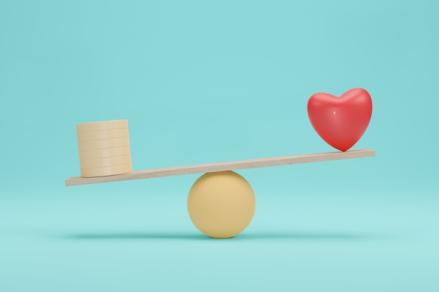 Heart and money scales concept. Importance between gold coin and love balance on scale. 3D Rendering.