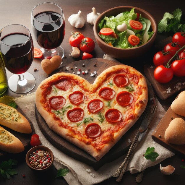 heart pizza with salami and tomatoes