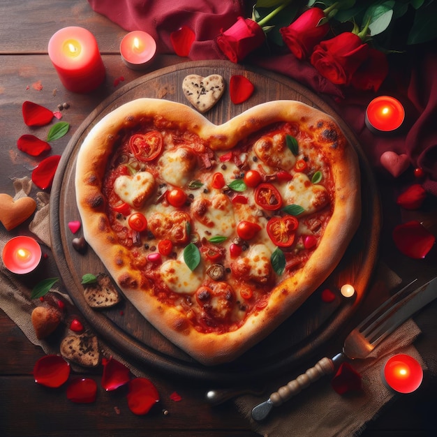 heart pizza with salami and tomatoes