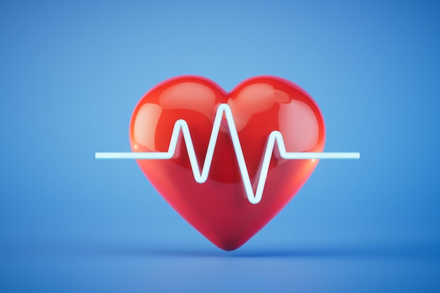 Heart rate tracking Heart with rhythm on a blue background 3D render