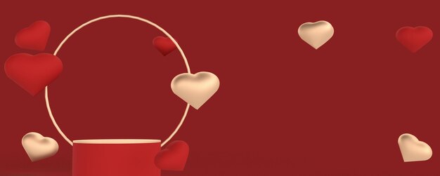 heart on a red background 3d illustration with hearts on podium 3d rendering love mockup