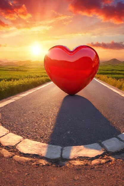 heart on the road with sunset