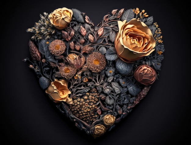 Heart of roses on a dark background created with Generative AI technology