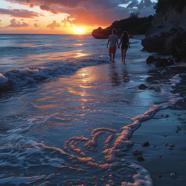 a heart in the sand on a beach with a heart in the background