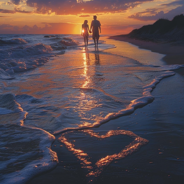 a heart in the sand on a beach with two people walking in the water