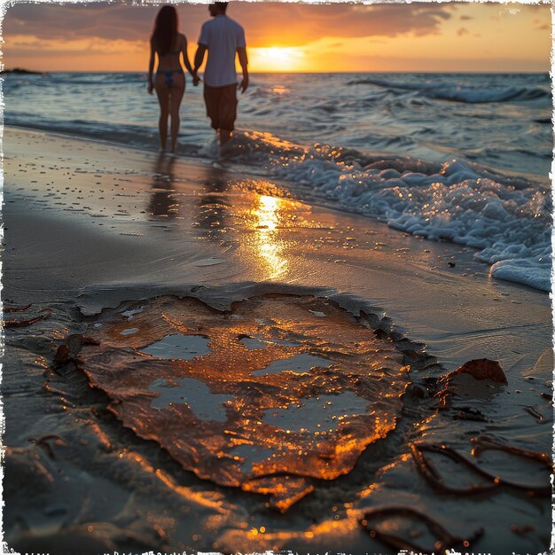 Photo a heart in the sand with a couple holding hands and a heart in the background