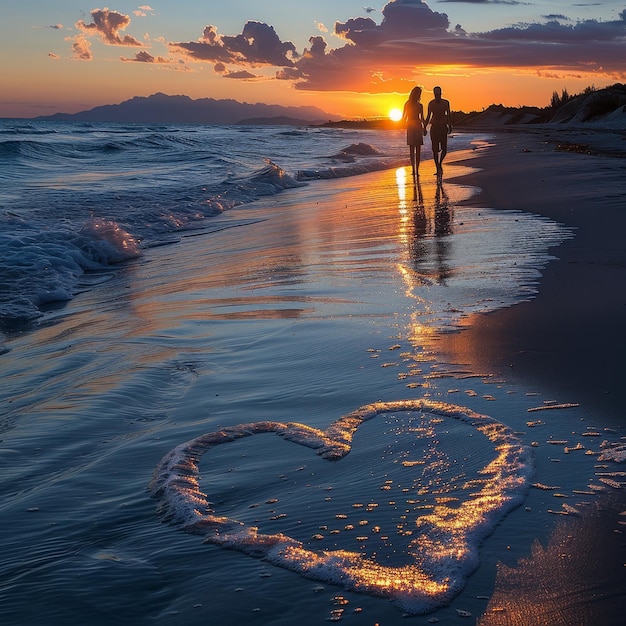 a heart in the sand with a couple in the water at sunset