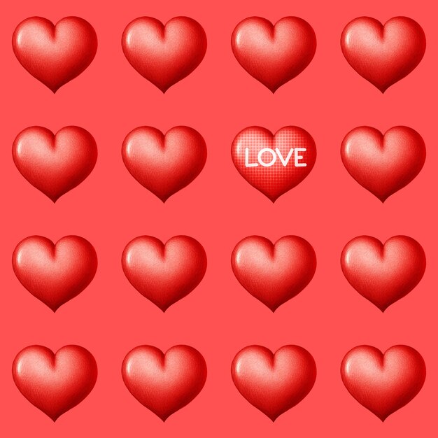 Heart seamless pattern on a red background Red hearts and a heart with the inscription LOVE