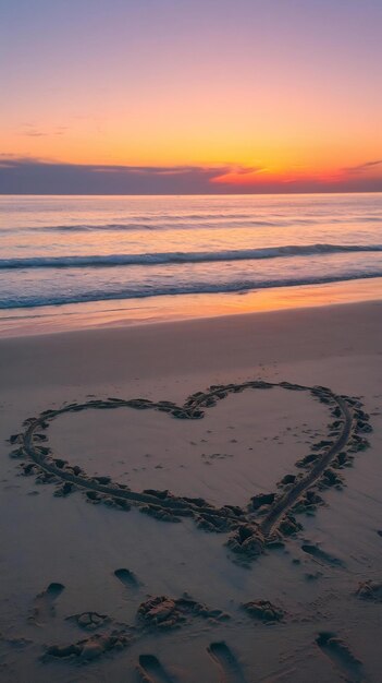 Heart shape beach and sunset symbol of romantic travels love