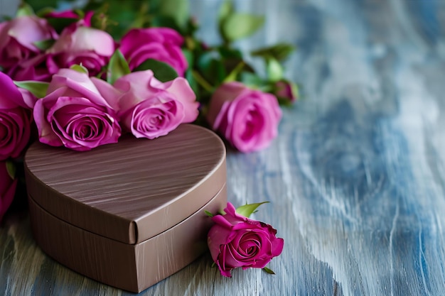 Heart Shape Box and Pink Roses Closeup