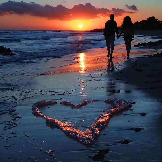 Photo a heart shape is on the beach and the sun is behind them