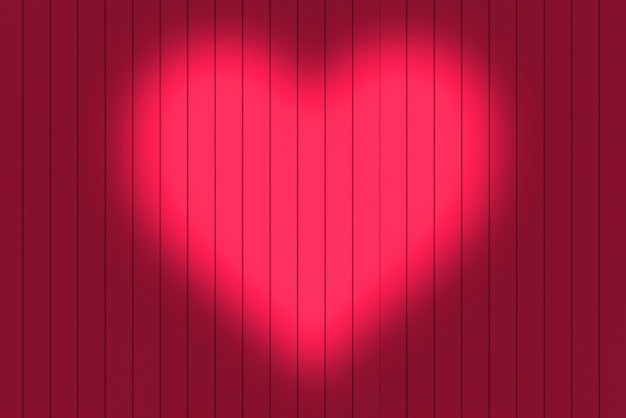 heart shape light on red wood panels wall background.