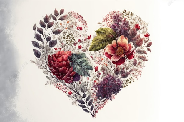 Heart shape made of flowers and leaves on white background Valentines day Love with plants Generative AI