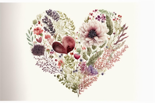 Heart shape made of flowers and leaves on white background Valentines day Love with plants Generative AI