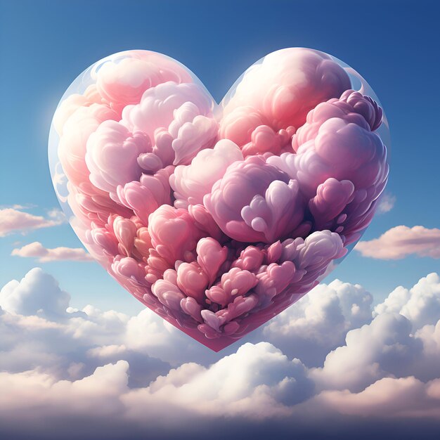 Heart shape made of pink clouds on blue sky background 3D rendering