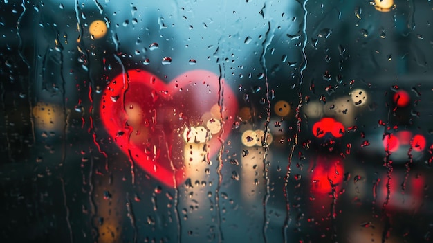 Heart shape rainy window wet road Ai Generated