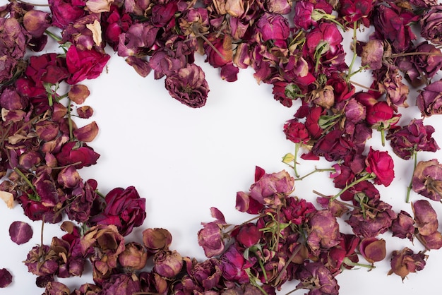 Heart shape of roses around on white