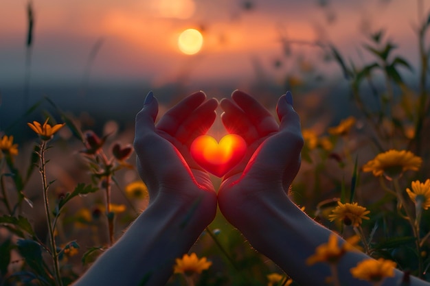 Heart shape with childs hands over sunset sky background