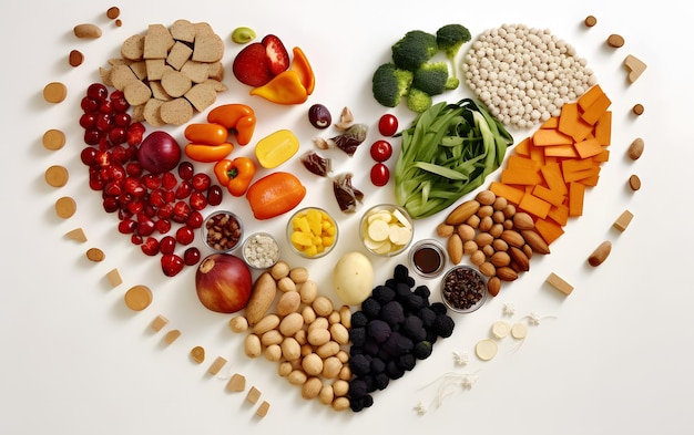 A heart shape with a variety of foods including vegetables, fruits, vegetables, and nuts.