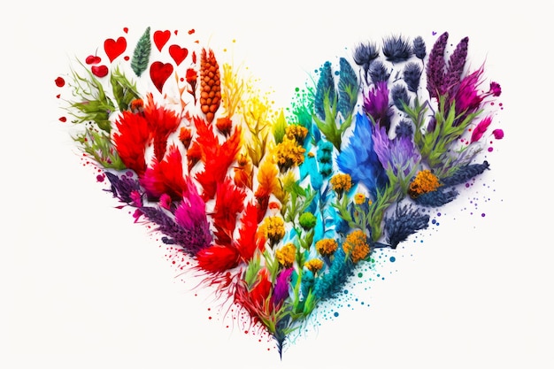 Heart shaped arrangement of colorful flowers and hearts painted on the side of it Generative AI