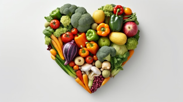 A heart shaped arrangement of fresh and colorful fruits and vegetables Generative ai