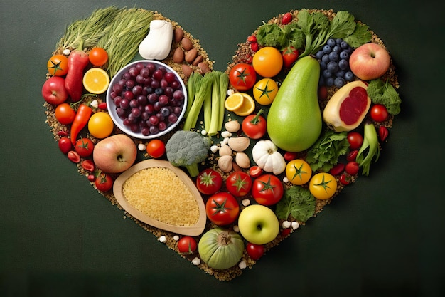 A heart shaped arrangement of fruits and vegetables generative ai image