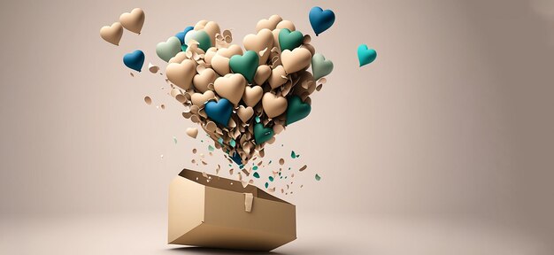 Heart shaped ballons coming out of a box, with copy space. Valentines day concept. AI generative.