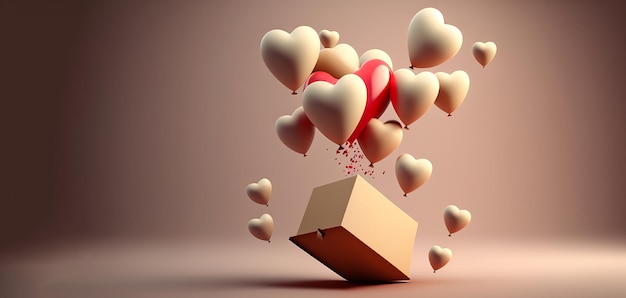 Heart shaped ballons coming out of a box, with copy space. Valentines day concept. AI generative.