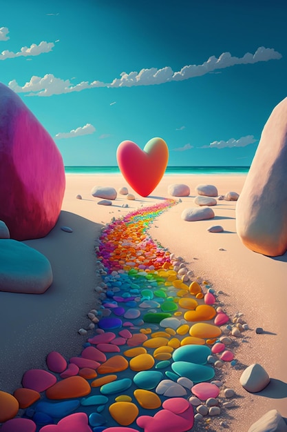 Heart shaped balloon flying over a sandy beach generative ai