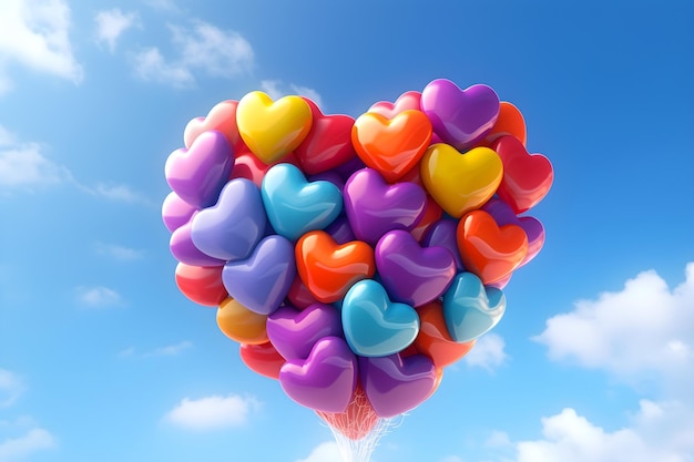 A heart shaped balloon is in the sky with many hearts