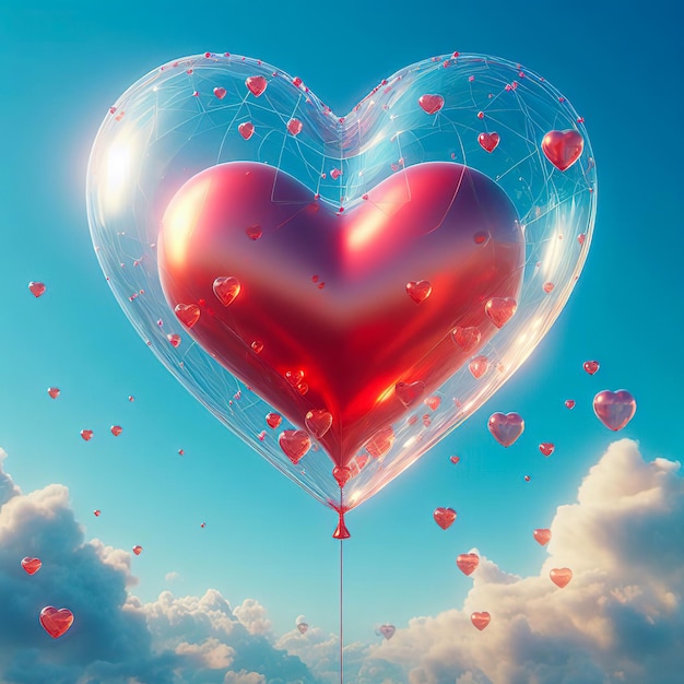 a heart shaped balloon with hearts floating in the sky