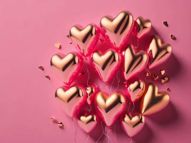 Heart shaped balloons on pink background top view